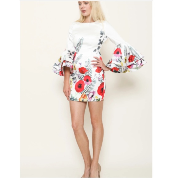 L'ATISTE Dresses & Skirts - LATISTE White Floral Tiered Bell Sleeve Mini Dress